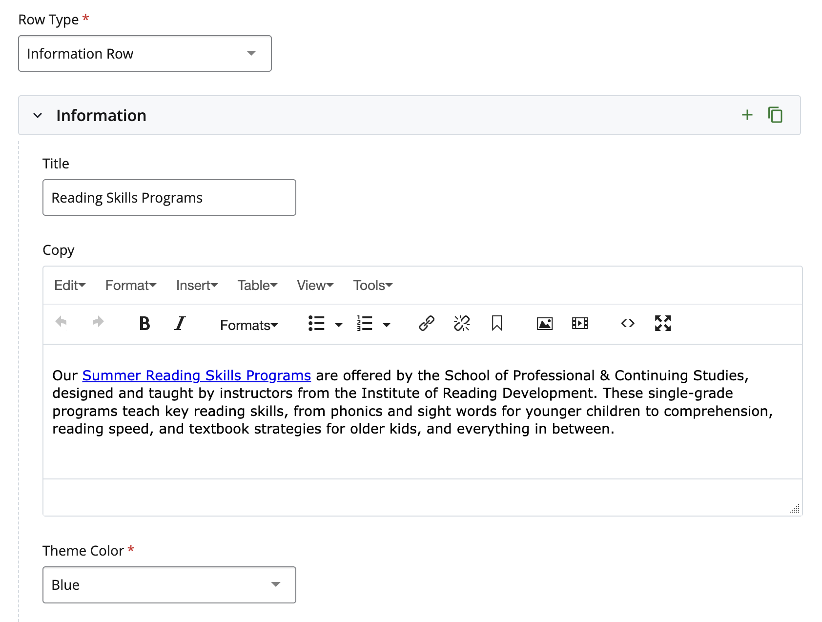 Screenshot of edit screen for an information row