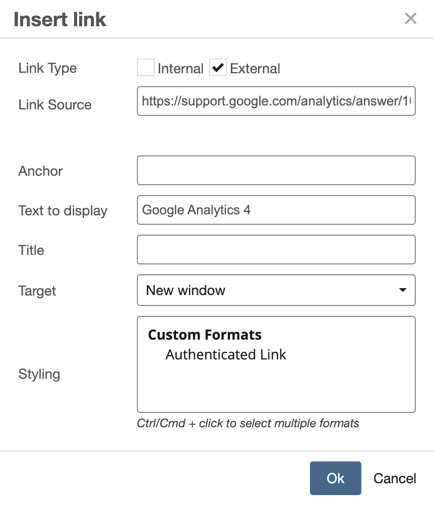 Screenshot of menu for editing external links
