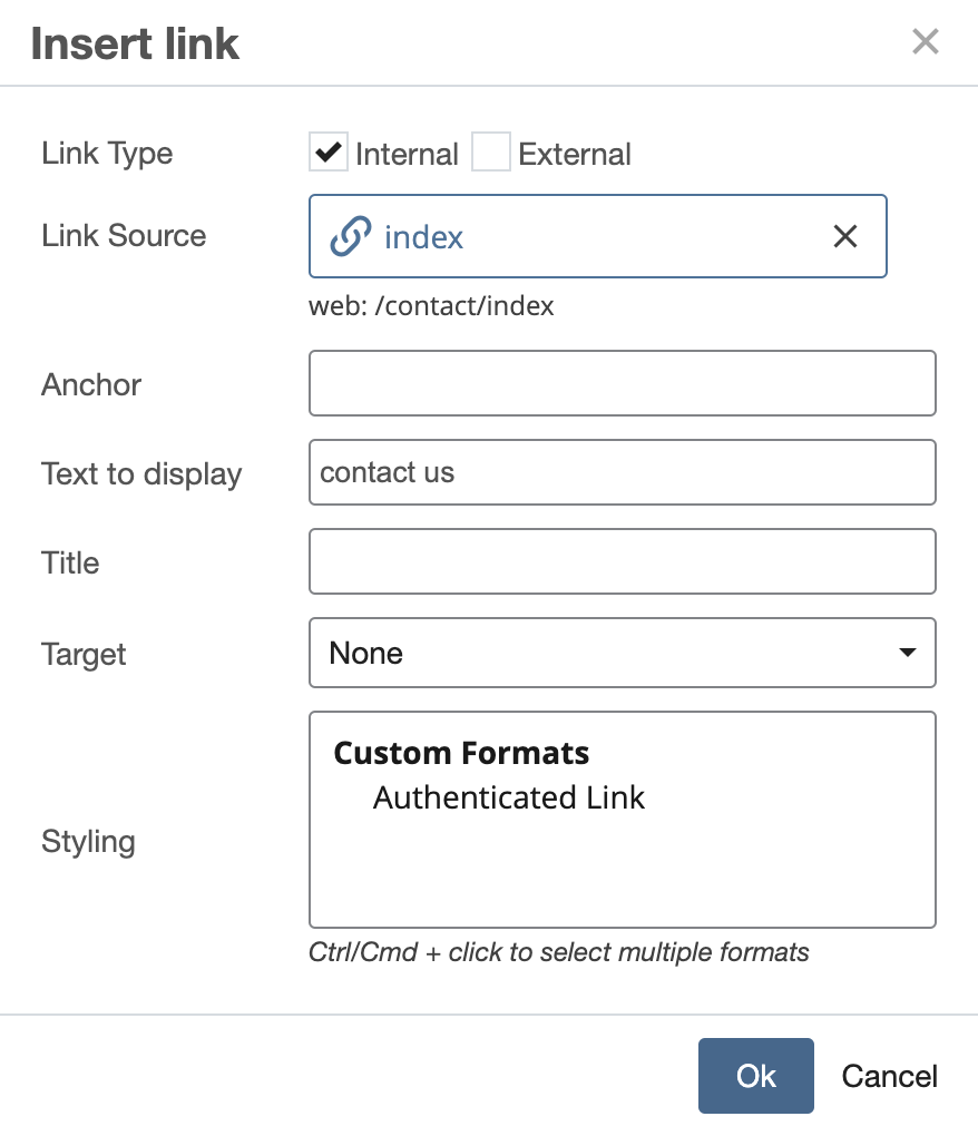 Screenshot of menu for editing internal links