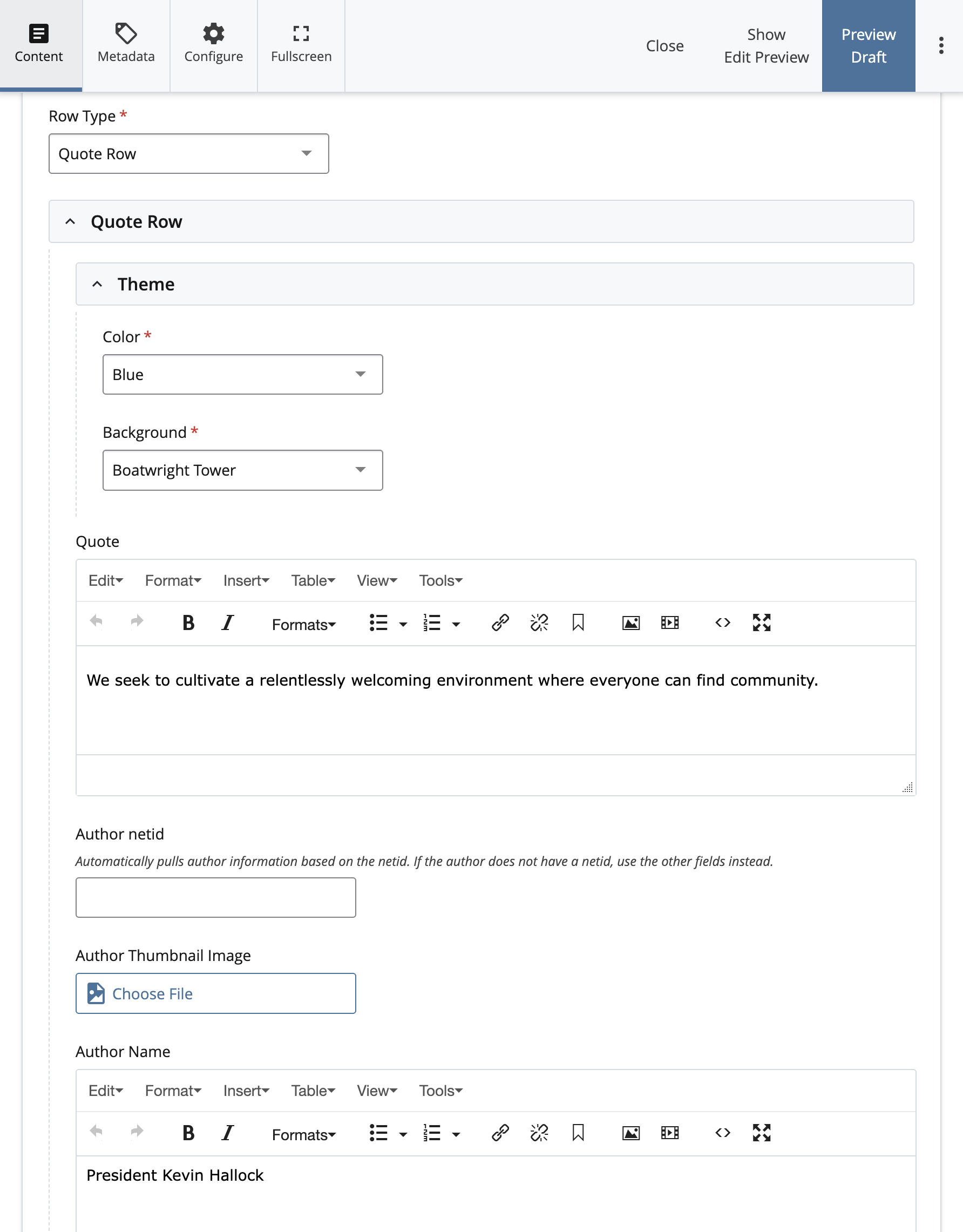 Screenshot of edit screen for quote content
