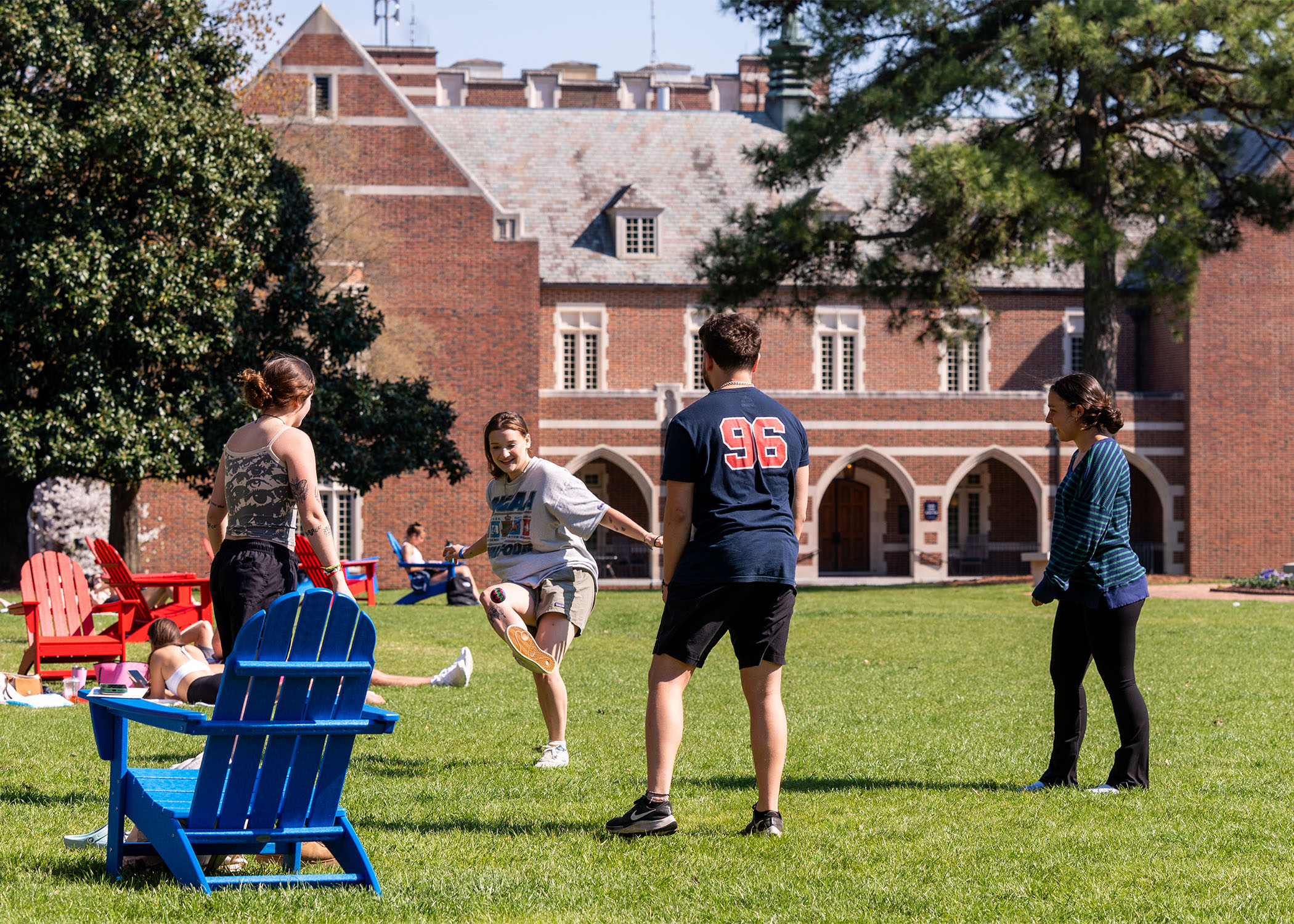 University of Richmond students playing hacky sack on Westhampton Green