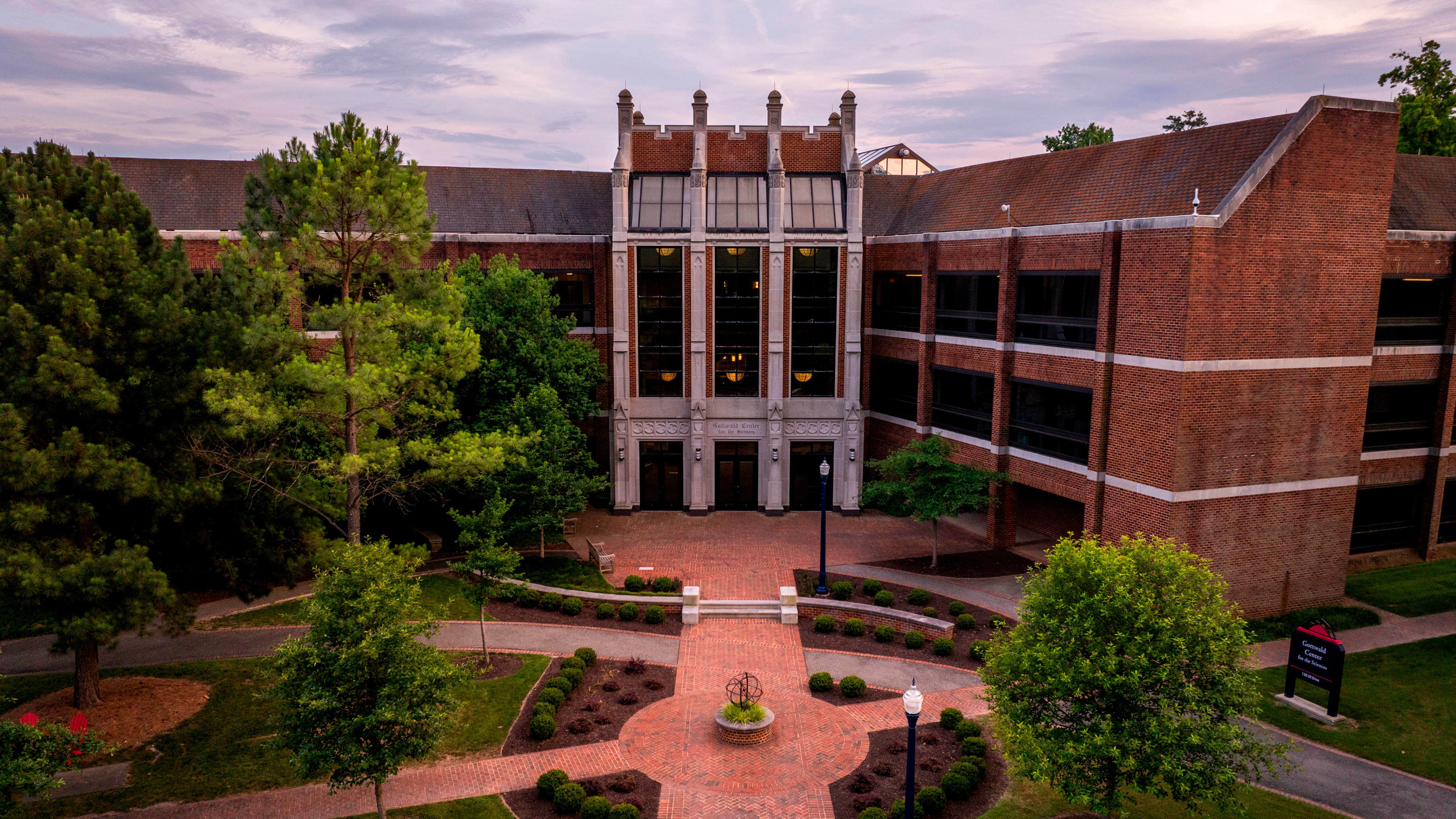 An aerial photo of the Gottwald Center for the Sciences