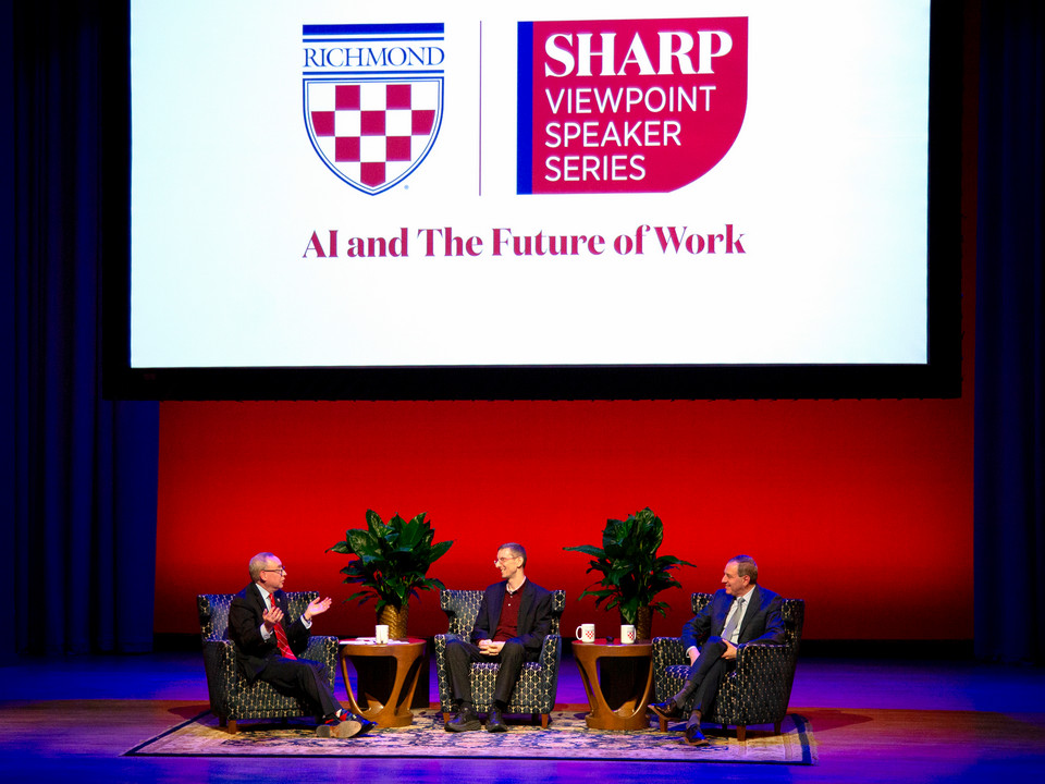 President Hallock, David Autor, and Anton Korinek on stage at the Sharp Viewpoint Series discussion 