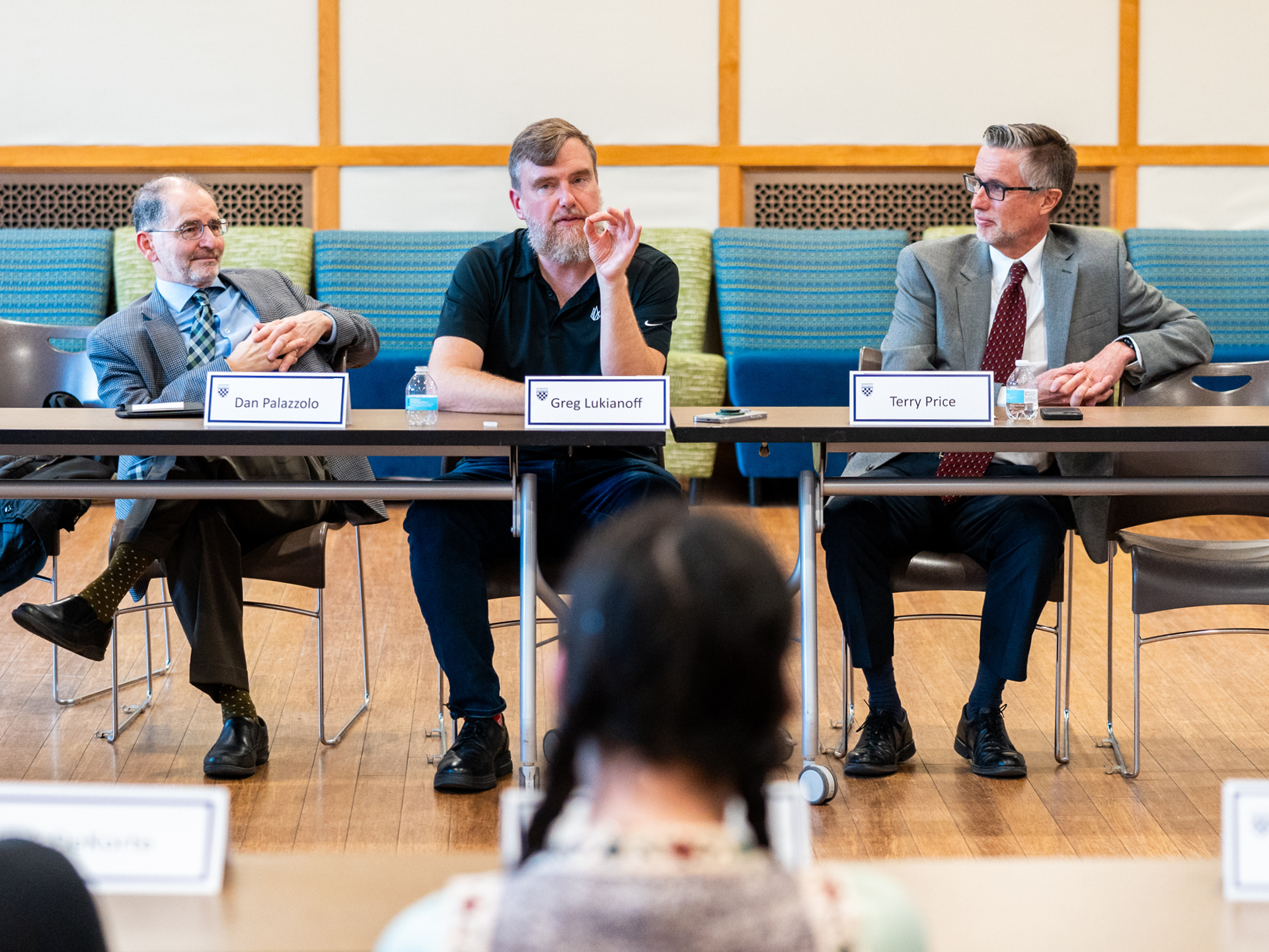 Dan Palazzolo, Greg Lukianoff, and Terry Price talk with students as part of the McDowell institute lecture series.