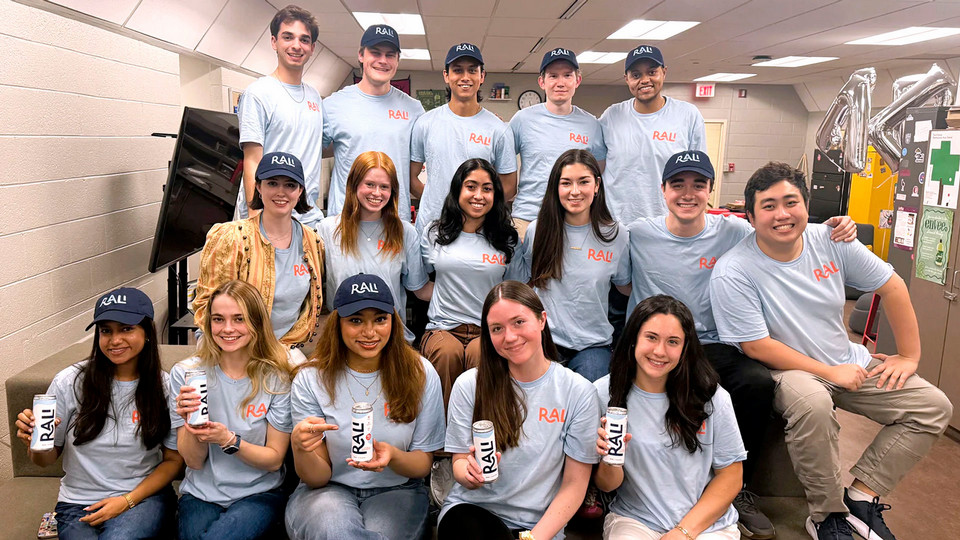 A photo of the stuednts from teh Bench Top innovations calss posing with the winning product, Rali, a coffee electrolyte drink.