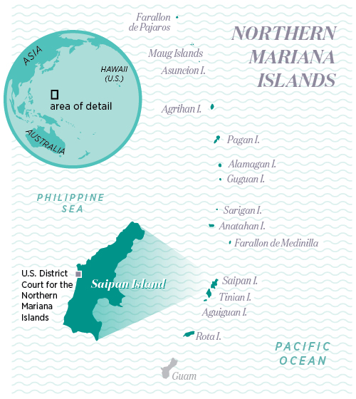 A map showing the location of the Northern Mariana Islands and the courthouse on Saipan Island where Bubba Flores works